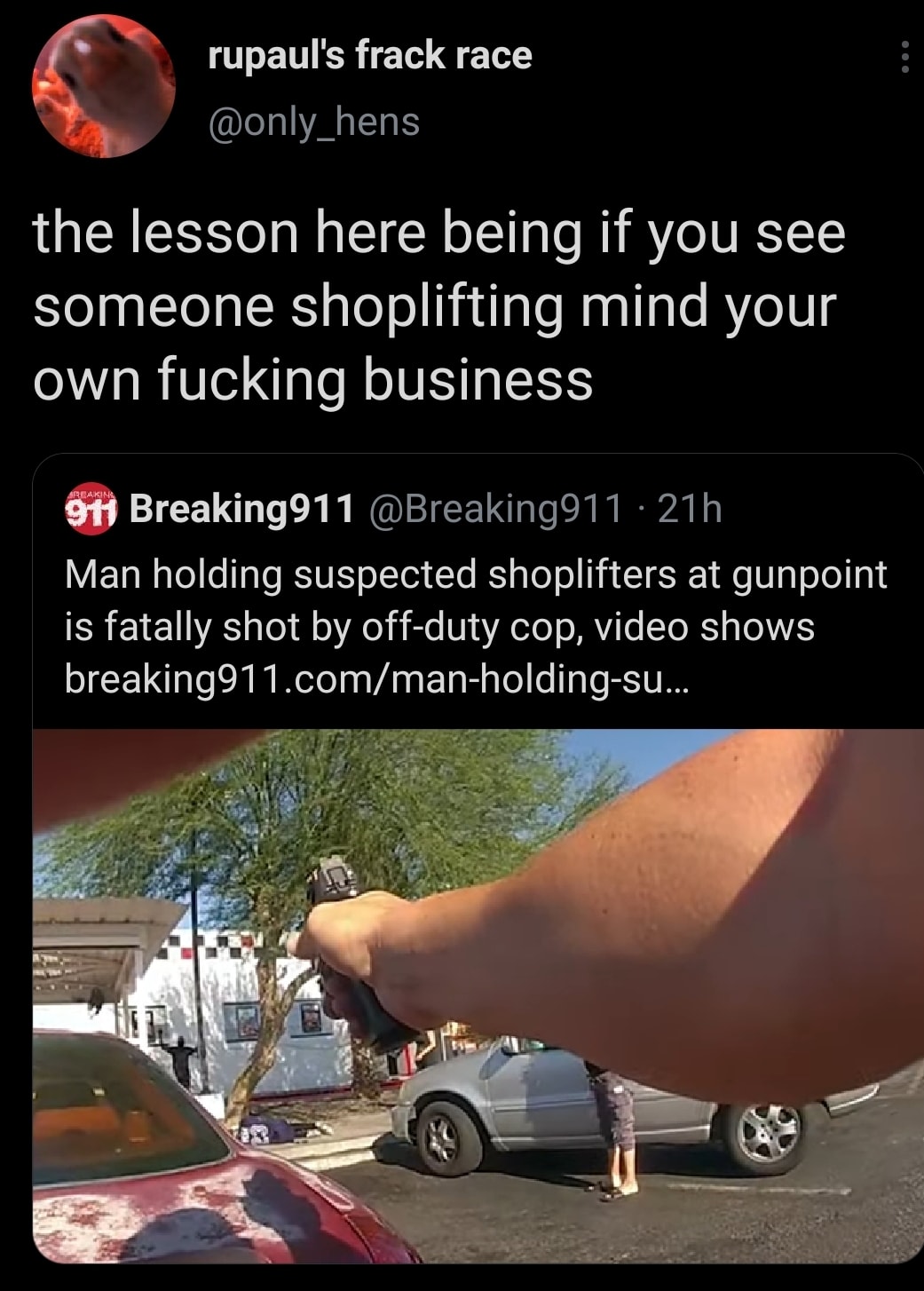 This meme is a screenshot of a news article about a man who shot and killed a shoplifter. The text above the image reads: "the lesson here being if you see someone shoplifting, just shoot them. It's a simple way to prevent crime." The meme is humorous because it takes a dark and absurd tone, implying that violence is a solution to preventing shoplifting.